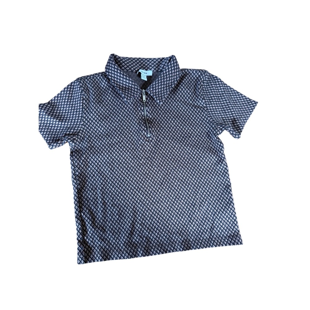 Reiss youth 1/4 zip collared short sleeve top beige and black geometric print